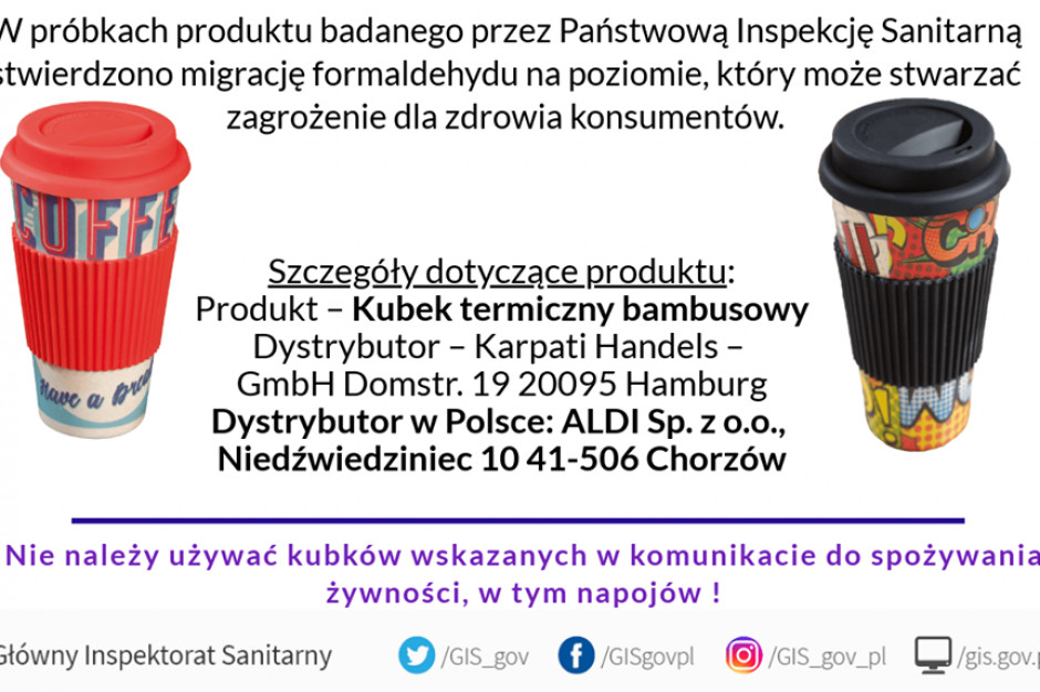 Ostrzeżenie publiczne dotyczące kubka termicznego bambusowego. Fot. profil GIS na Fb GIS ostrzega przed bambusowymi kubkami termicznymi