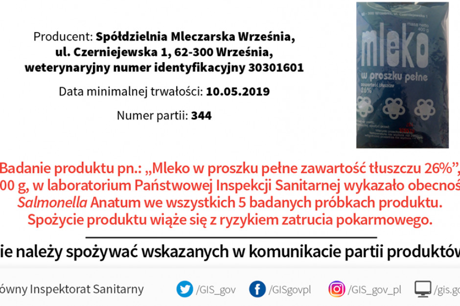 Fot. profil GIS na Facebook GIS: wykrycie salmonelli w mleku w proszku - ostrzeżenie publiczne