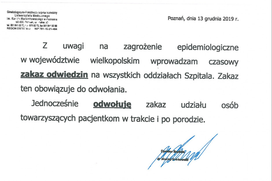 Poznań: zakaz odwiedzin oraz porodów rodzinnych do odwołania