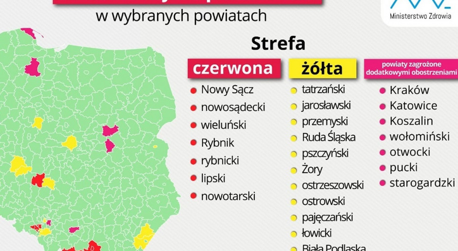 Ministerstwo Zdrowia rozszerzyło mapę powiatów z obostrzeniami w związku z COVID-19
