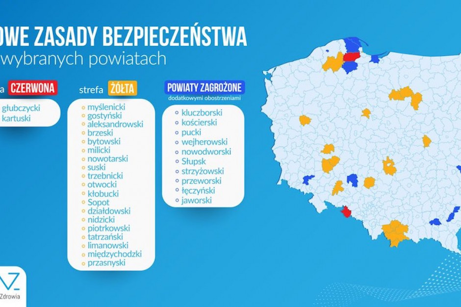 Nowa mapa obostrzeń z powodu koronawirusa; FOT. Twitter/MZ Ministerstwo Zdrowia: nowa mapa obostrzeń, w strefie czerwonej dwa powiaty, w żółtej - 19