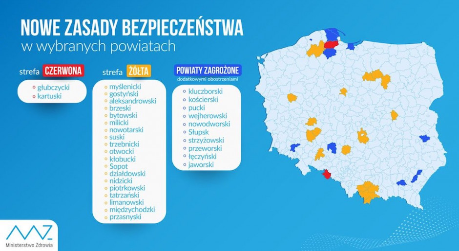 Nowa mapa obostrzeń z powodu koronawirusa; FOT. Twitter/MZ Ministerstwo Zdrowia: nowa mapa obostrzeń, w strefie czerwonej dwa powiaty, w żółtej - 19