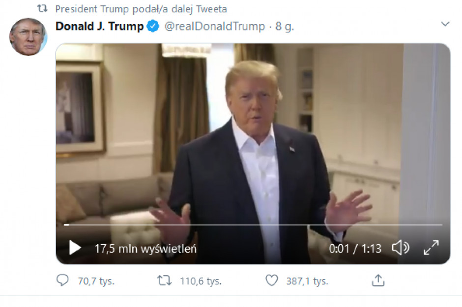 Od piątku (2 października) zakażony koronawirusem najważniejszy polityk USA przebywa w wojskowym szpitalu Walter Reed pod Waszyngtonem. Fot. President Trump/Twitter Prezydent Trump: Wiele nauczyłem się o Covid-19; to prawdziwa szkoła
