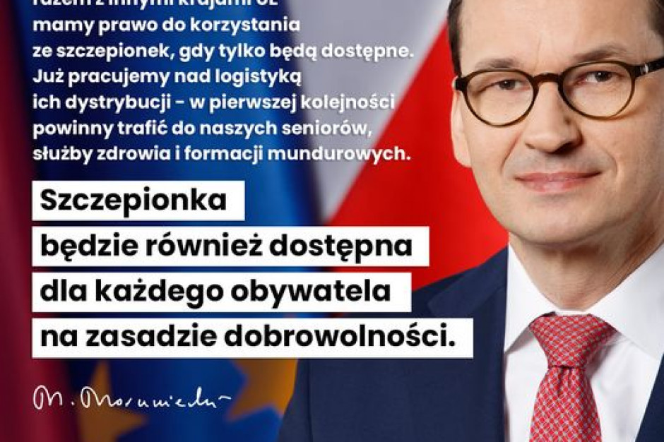 Premier Mateusz Morawiecki Fot. FB Premier: szczepionka przeciwko koronawirusowi będzie dostępna na zasadzie dobrowolności