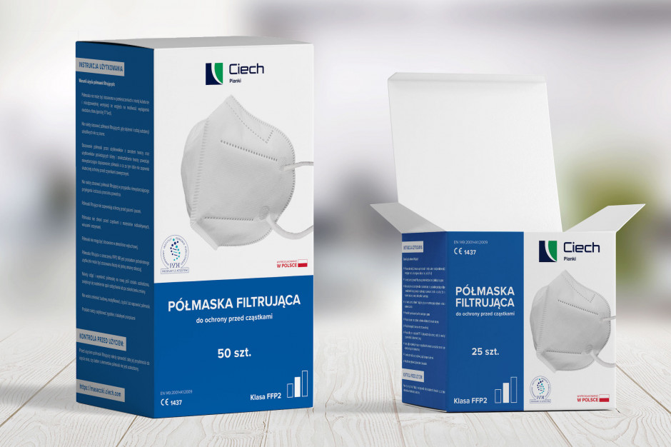 Skuteczność filtracyjna masek produkowanych przez CIEH osiąga klasę FFP2 (≥94%). Fot. materiały prasowe Grupa CIECH uruchomiła produkcję polskich maseczek ochronnych klasy FFP2