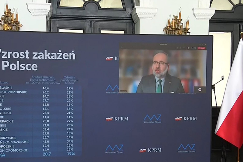 Minister zdrowia Adam Niedzielski potwierdza wprowadzenie obostrzeń w woj. warmińsko-mazurskim. Fot. PTWP/screen Niedzielski potwierdza: od soboty w Warmińsko-Mazurskim powrót obostrzeń. Pandemia się rozpędza