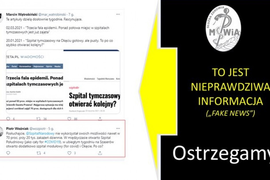 Ostrzegamy przed fake newsami na temat Szpitala Narodowego! - poinformował Centralny Szpital Kliniczny MSWiA. Fot. CSK MSWiA/Twitter Mamy falę fake newsów o Szpitalu Narodowym - ostrzega CSK MSWiA i podaje przykłady