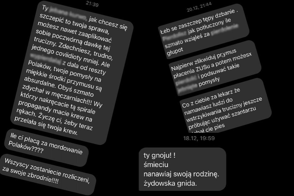 Dr Matyldzie Kłudkowskiej, wiceprezes Krajowej Izby Diagnostów Laboratoryjnych, grożono ścięciem głowy. Graf.: JW/Bartosz Fiałek Fala hejtu zalewa medyków. Od wyzwisk po groźby ścięcia głowy
