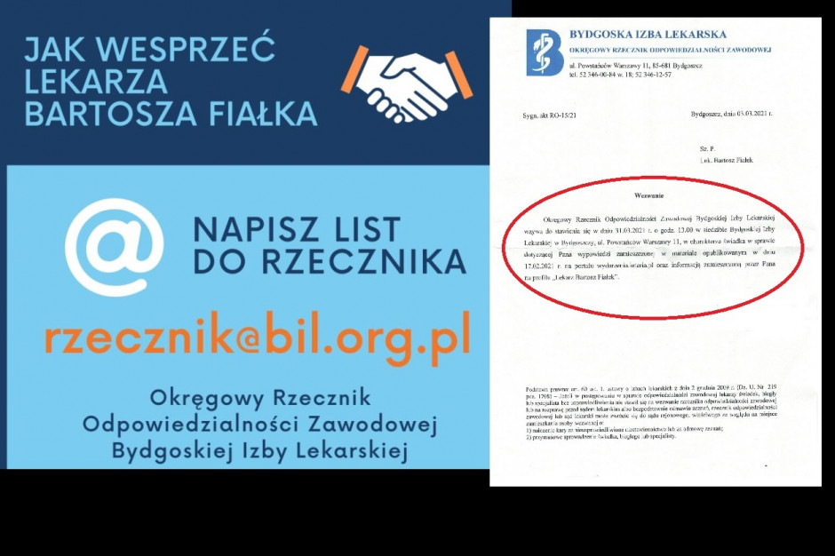 Nauczyciele piszą listy do Rzecznika Odpowiedzialności Zawodowej w obronie lekarza Bartosza Fiałka. Graf. PTWP/Facebook.com Nauczyciele bronią lekarza Bartosza Fiałka. "Piszemy maile do rzecznika"