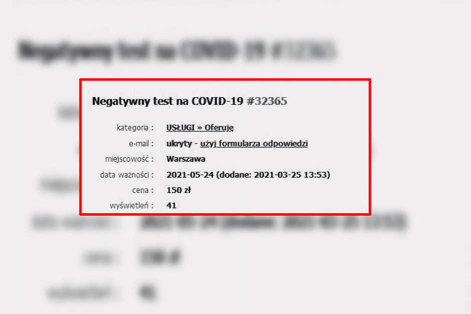 W Darknecie można kupić wszystko - fałszywe certyfikaty szczepień, wyniki testu PCR. FOT. screen ogłoszenia w Darknecie Handel fałszywymi certyfikatami szczepień i testów w kierunku Sars-CoV-2 kwitnie