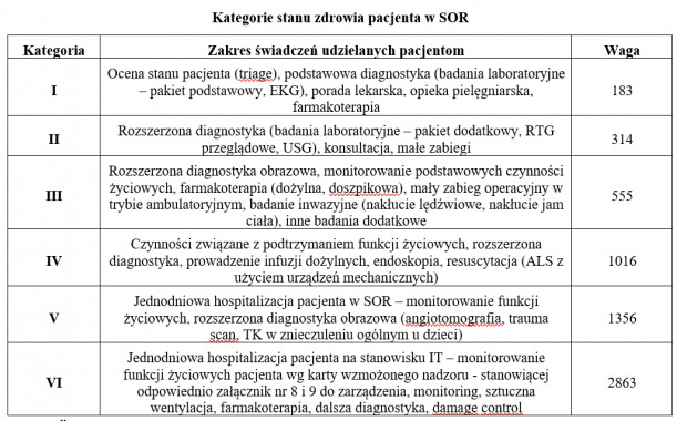 Kategorie stanu zdrowia pacjenta w SOR. Fot. screen